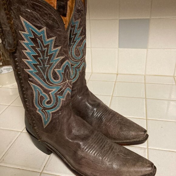 Lucchese Handmade Cowboy Boots Size 10.5 D Snip Toe Blue Embroidery main image 5